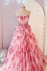Uk Strapless Pink Ruffle Prom Dresses Floral Printed with Bow